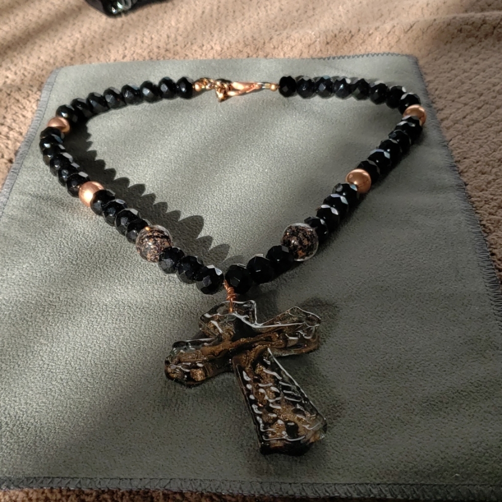 Necklace; fashion black beads with cross